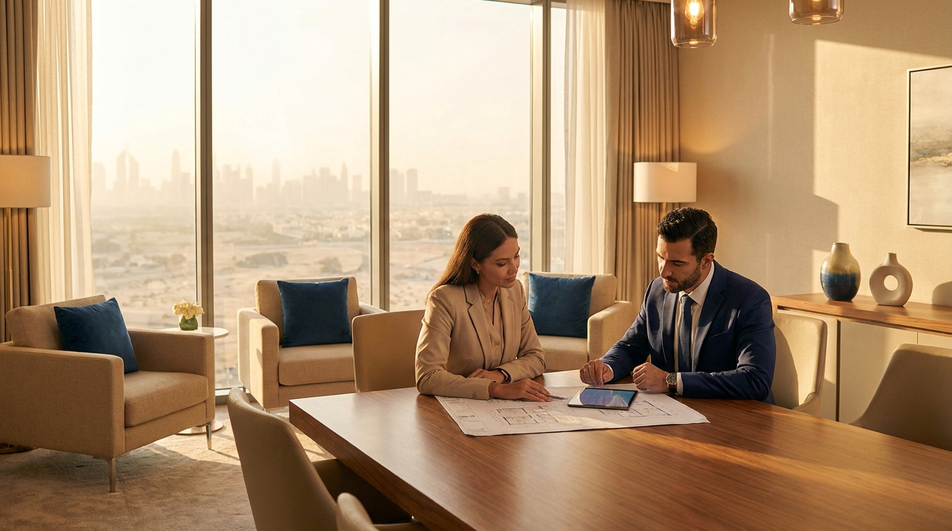 Buyer and broker reviewing floor plans at a Dubai office